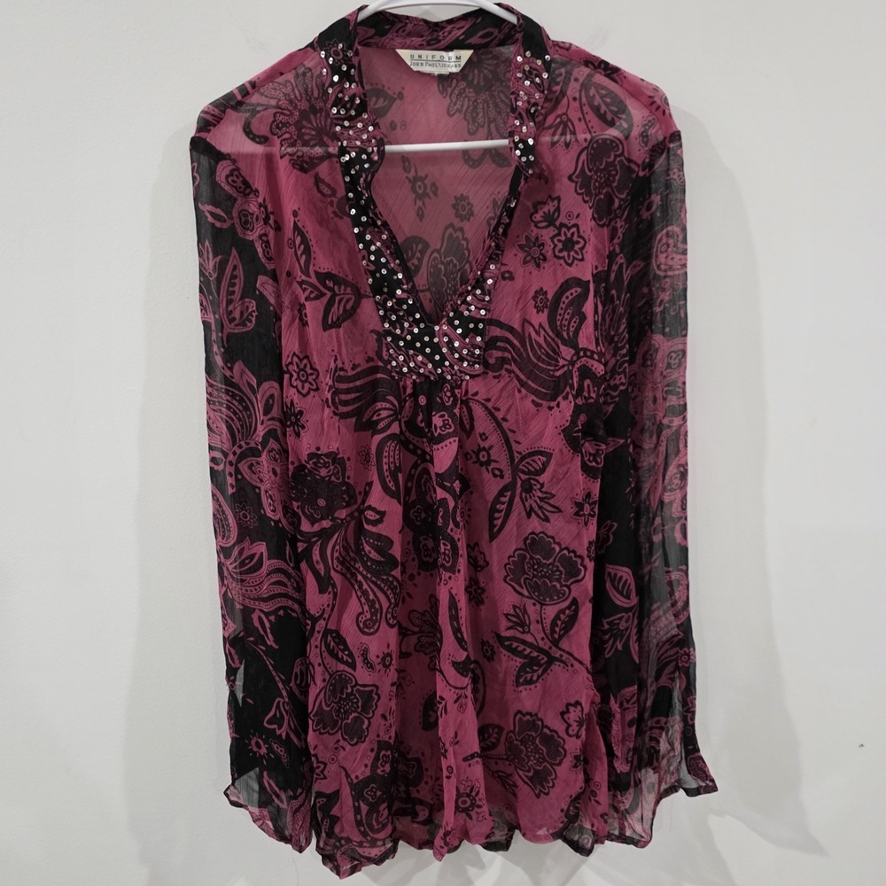 Vintage Y2K Womens Top Size Medium Sheer Pink Black Floral Sequins Fairy Boho